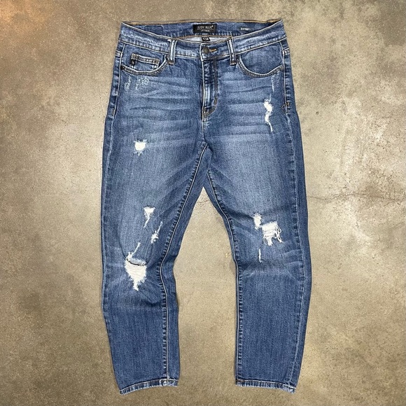 Judy Blue Boyfriend Fit Distressed Dark Wash Stretch Denim Jeans - Picture 1 of 9